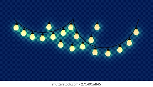 Una cadena festiva de bombillas Edison amarillas iluminadas cuelga sobre un patrón de rejilla azul oscuro y transparente, creando una atmósfera cálida y acogedora