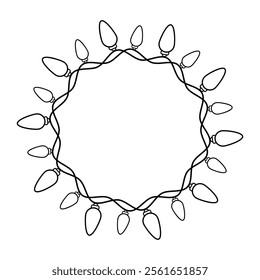 Festive String Light Wreath Outline Vector Illustration. The bulbs are evenly spaced around the circle, connected by intertwined wires, creating a symmetrical and festive design.