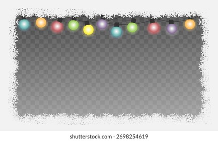 Borda de luzes de corda festivas com quadro floco de neve. Moldura de guirlanda vetorial para convites, cartões de saudação, banners e promoções sazonais