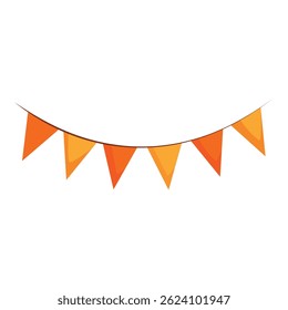 Corda festiva de bandeiras laranja está pendurada em uma corda contra um fundo branco