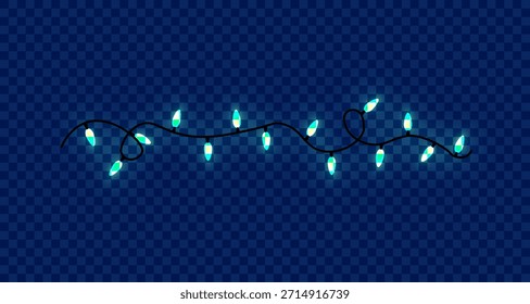 Una cadena festiva de luces de Navidades de color verde azulado brilla intensamente contra un fondo a cuadros azul oscuro, perfecto para decoraciones navideñas