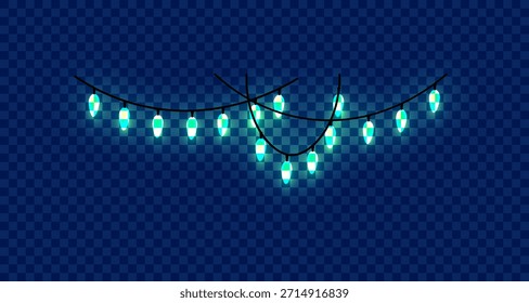 Una cadena festiva de luces de Navidades de color verde azulado brilla intensamente contra un fondo azul oscuro a cuadros, creando una atmósfera mágica