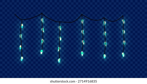 Uma série festiva de luzes de fadas cor de azul escuro com um efeito brilhante, perfeito para decorações de férias e celebrações