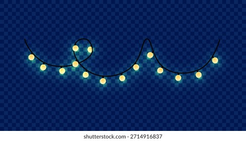 Una cadena festiva de luces de hadas amarillas cálidas brilla contra un fondo a cuadros azul oscuro, perfecto para decoraciones de vacaciones o fiestas
