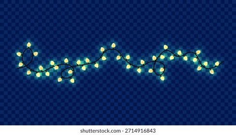 Una cadena festiva de luces de hadas amarillas cálidas con un suave resplandor, envueltas en un patrón ondulado contra un fondo a cuadros azul oscuro transparente