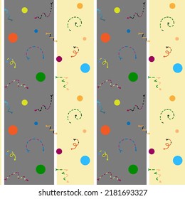 Festive Striped Pattern Of Colorful Figures. Circles, Arrows, Spirals. Seamless Vector Image.