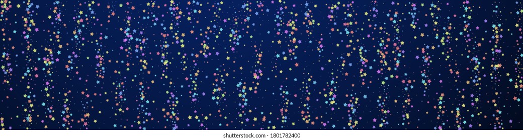 Festive stunning confetti. Celebration stars. Colorful stars small on dark blue background. Admirable festive overlay template. Panoramic vector background.
