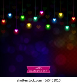 Festive stylish background with colored heart-shaped lights on dark blue textured background
