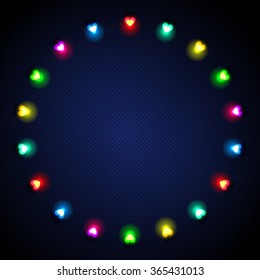 Festive stylish background with colored heart-shaped lights on dark blue textured background
