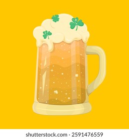 A festive, stylized mug with beer inside. The beer mug has foam and decorations in the shape of three-leaved clovers for St. Patrick's Day. It is a simple light-colored mug on a yellow background