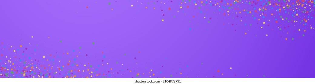 Festive sublime confetti. Celebration stars. Childish bright stars on violet background. Actual festive overlay template. Panoramic vector background.
