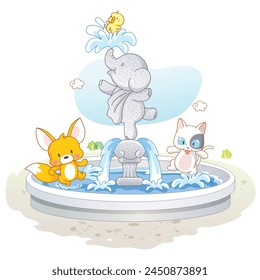 Celebración festiva del día de verano: animales de dibujos animados lindos de Kawaii - zorro, pollo, gato, elefante jugando en un parque de fuentes - Ilustración vectorial aislada sobre fondo blanco