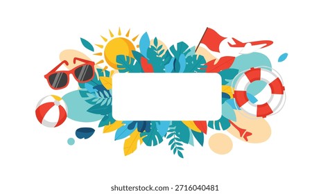 Marco festivo de verano con un espacio rectangular blanco rodeado de hojas tropicales, un sol, gafas de sol, una pelota de playa y un boya salvavidas.