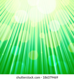 Festive sun rays background of green color with bokeh defocused lights. Vector eps10.
