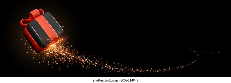 Festive surprise gift box with glitter lights on black background. Realistic 3d design black gifts boxes. Horizontal banner, template header for website. Vector illustration