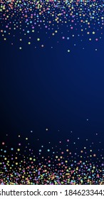 Festive surprising confetti. Celebration stars. Colorful stars dense on dark blue background. Fetching festive overlay template. Vertical vector background.