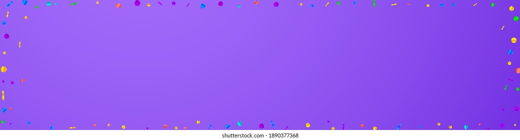 Festive surprising confetti. Celebration stars. Festive confetti on violet background. Alive festive overlay template. Panoramic vector background.