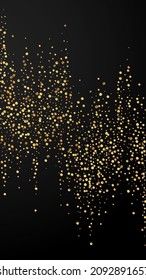 Festive surprising confetti. Celebration stars. Gold confetti on black background. Fresh festive overlay template. Vertical vector background.