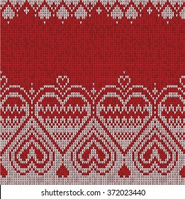 Festive sweater design. Jacquard seamless knitted pattern with white hearts on red background. Vector knitted pattern for warm clothes, textiles, tissue 1.1