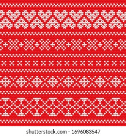 Festive Sweater Fairisle Design. Red Seamless Knitted Pattern. Fair isle seamless pattern. Vintage sweater ornament. Christmas knitted ornament set. Woolen cloth, handmade