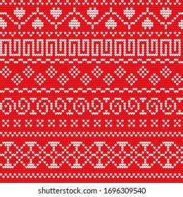 Festive Sweater Fairisle Design. Red Seamless Knitted Pattern. Fair Isle Seamless Pattern. Vintage Sweater Ornament. Christmas Knitted Ornament Set. Woolen Cloth, Handmade