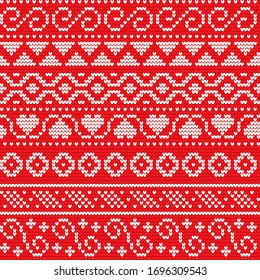 Festive Sweater Fairisle Design. Red Seamless Knitted Pattern. Fair isle seamless pattern. Vintage sweater ornament. Christmas knitted ornament set. Woolen cloth, handmade