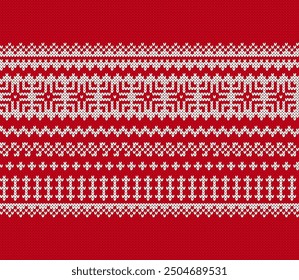 Festive sweater geometrical ornament. Christmas seamless pattern. Red knitted print. Xmas print border. Fair isle traditional holiday background. Vector illustration.