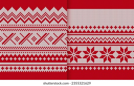 Festive sweater ornament. Christmas red texture. Xmas knitted print with snowflakes ornament border. Knit seamless pattern. Holiday background. Fair isle traditional. Vector illustration.