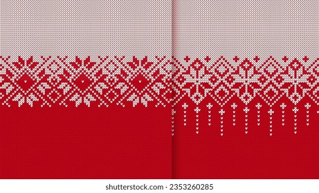 Festive sweater. Red and white seamless ornament. Christmas red knitted geometrical pattern. Fair isle traditional holiday background. Xmas print border. Vector illustration.