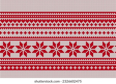 Festive sweater traditional ornament. Xmas print. Christmas red knitted texture with snowflakes ornament border. Knit seamless pattern. Holiday background. Vector illustration.