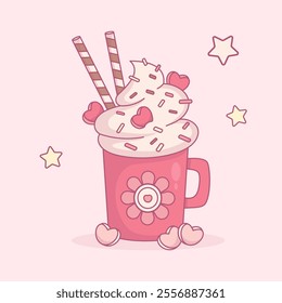 Festive Sweet Cream Dessert Mug. Christmas cup Hot Cocoa with Marshmallows heart, striped candy. Vector illustration. Romantic delicious drink