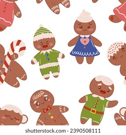 Festive And Sweet Seamless Pattern Featuring Adorable Gingerbread Men and Women In Various Poses And Expressions, Perfect For Holiday Decorations. Cartoon Vector Tile Background, Wallpaper