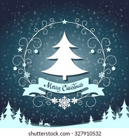festive symbol in a frame with swirls on snowing background