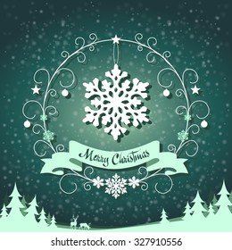 festive symbol in a frame with swirls on snowing background