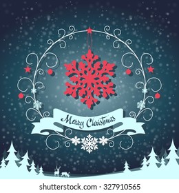 festive symbol in a frame with swirls on snowing background