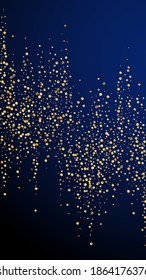 Festive symmetrical confetti. Celebration stars. Gold confetti on dark blue background. Fresh festive overlay template. Vertical vector background.