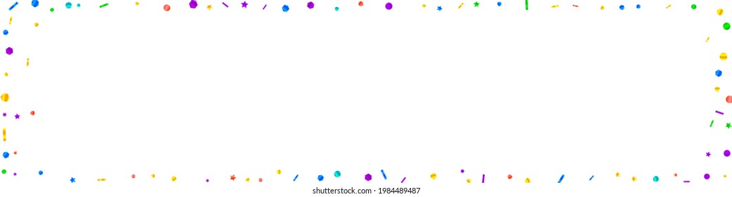 Festive symmetrical confetti. Celebration stars. Festive confetti on white background. Alive festive overlay template. Panoramic vector background.