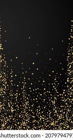 Festive symmetrical confetti. Celebration stars. Gold confetti on black background. Glamorous festive overlay template. Vertical vector background.