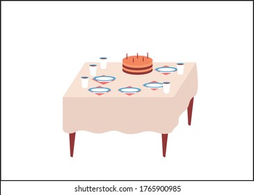 Festive table background. Modern illustration slider site page. Get together for a holiday feast web banner. Birthday cake on the common table design vector concept.