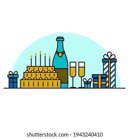 Festive table: champagne, cake and gifts