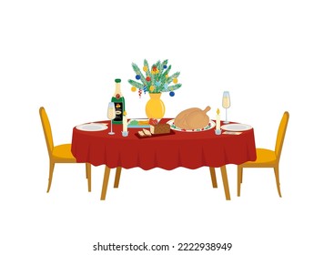 Festive table. Christmas table with goblets, champagne, turkey, boquet of fir tree, vegetables, bred, chair. Flat, cartoon. Isolated vector illustration eps 10