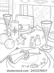 Festive table with cutlery and decor near the fireplace. Coloring book for adults.