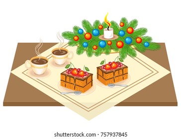 Festive table. Delicious cake and tea, coffe. A Christmas bouquet from a Christmas tree and a candle gives a romantic mood. Vector illustration.