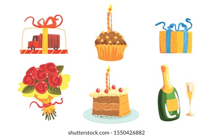 Festive Table Elements, Food And Party Attributes Vector Illustration Set Isolated On White Background