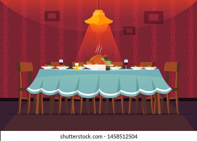 Festive Table Flat Vector Illustration. Holiday, Birthday, Event Home Celebration. Roasted Turkey, Plates With Dishes, Wine Bottles And Glasses On Table. Served Evening Dinner In Empty Room