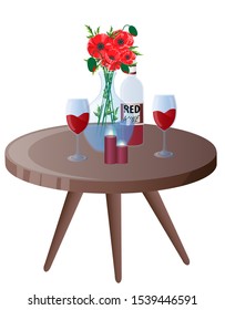 Festive table with flowers, candles and wine.