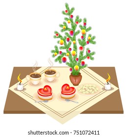 Festive table. New Year bouquet from the Christmas tree. Delicious heart-shaped cake and tea or coffee. Candles give a romantic mood. Vector illustration.