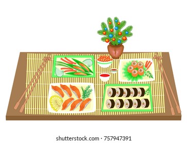 Festive table. New Year bouquet from a Christmas tree. Refined dishes of Japanese national cuisine, seafood, sushi, rolls, fish. Vector illustration.