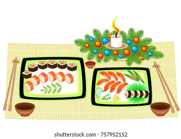 Festive table. New Year bouquet from a Christmas tree and a candle. Refined dishes of Japanese national cuisine, seafood, sushi, rolls, fish. Vector illustration.