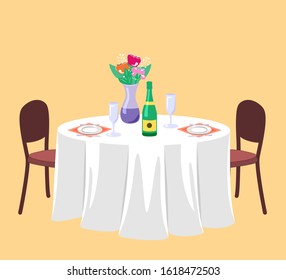Festive table in a restaurant for two people. Background with a bouquet of flowers, champagne, glasses. Vector illustration, design template for posters, flyers or vouchers.